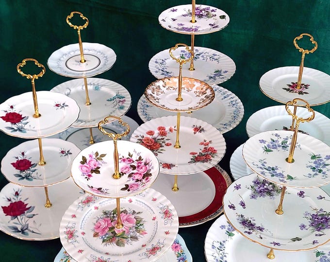 Handcrafted 3-Tier Vintage Bone China Cake Stand - Elegant Floral Mismatched High Tea Party Server