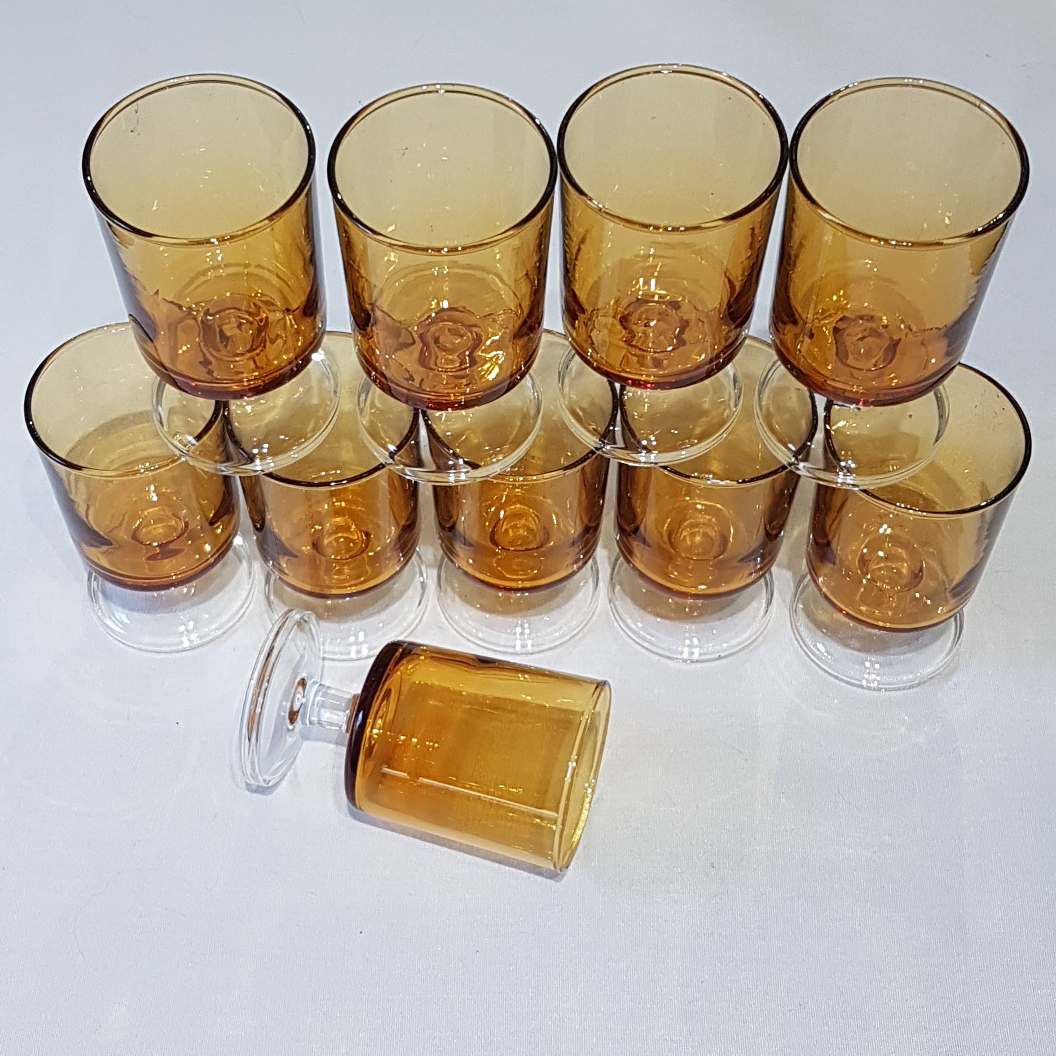 10 Vintage Amber Luminarc, French Stemware, Retro Bar Glasses, Retro