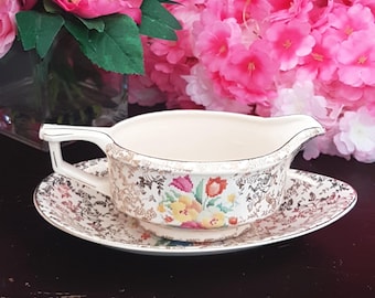 1930s H.K. Tunstall Old English Sampler Petit Point Gravy Jug with Saucer- Vintage Hollinshead Kirkham Tableware