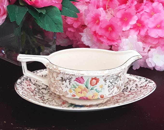 1930s H.K. Tunstall Old English Sampler Petit Point Gravy Jug with Saucer- Vintage Hollinshead Kirkham Tableware