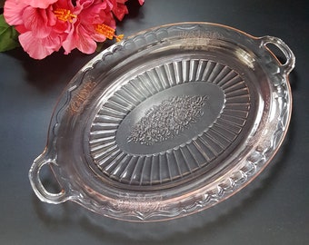 Anchor Hocking MAYFAIR OPEN ROSE Pink Depression Glass, 13.75 Inch Oval Platter with Handles, Vintage Pink Glass, 1930s