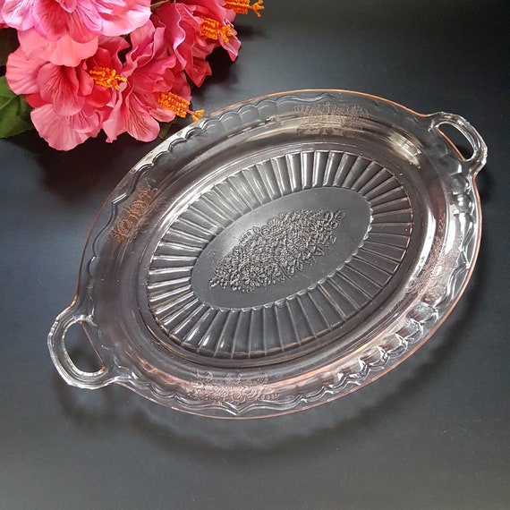 Vintage Pink Depression Glass Oval Platter, Mayfair Open Rose Pattern