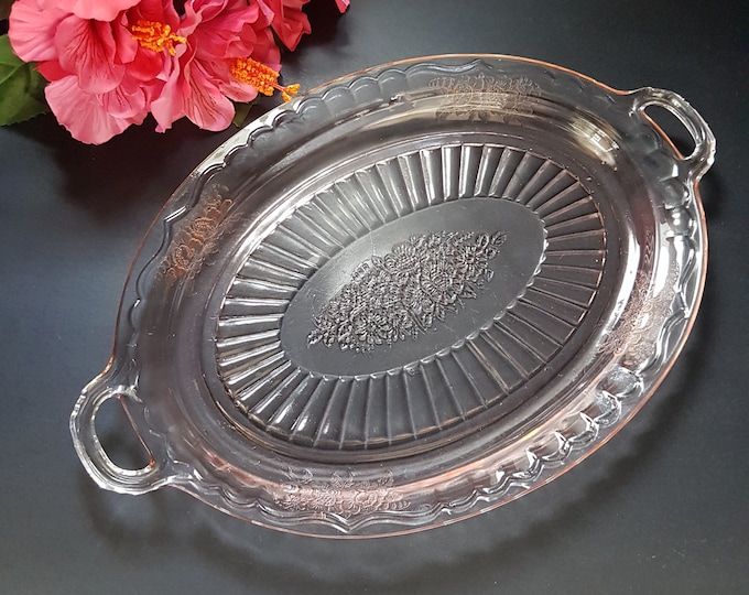 Anchor Hocking MAYFAIR OPEN ROSE Pink Depression Glass, 13.75 Inch Oval Platter with Handles, Vintage Pink Glass, 1930s