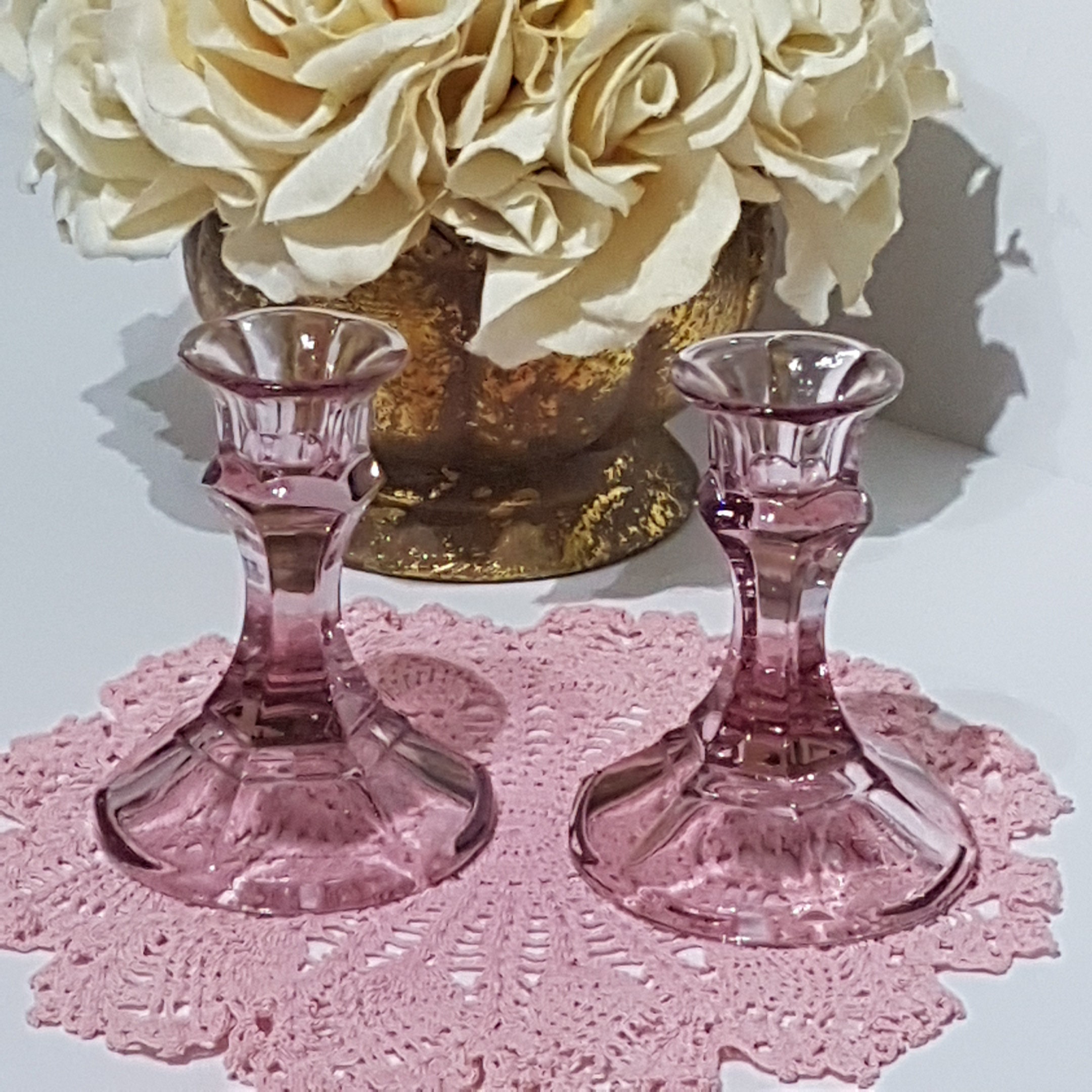 Pair of Vintage Pink Glass Candlestick Holders, Pink Glass Tapered
