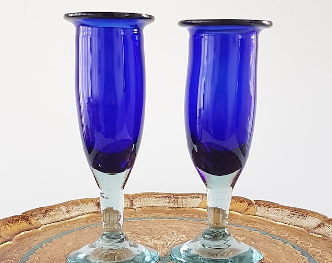 Mexican Blown Glass, Cobalt Blue Champagne Glasses with Clear Stem and Flattened Rim, Set of 2