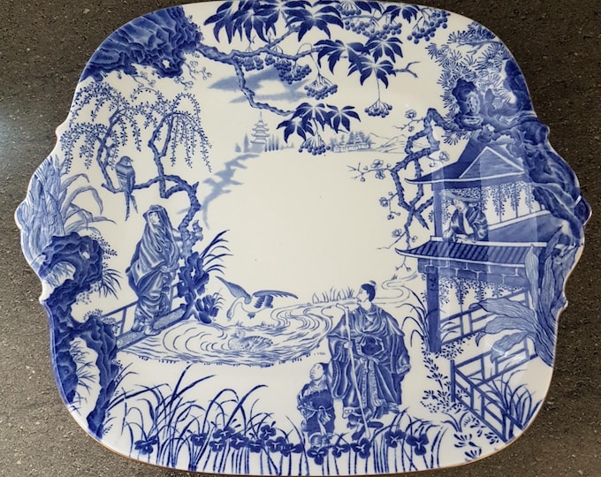 Royal Crown Derby MIKADO Blue Square Bone China Cake Plate, Made in England