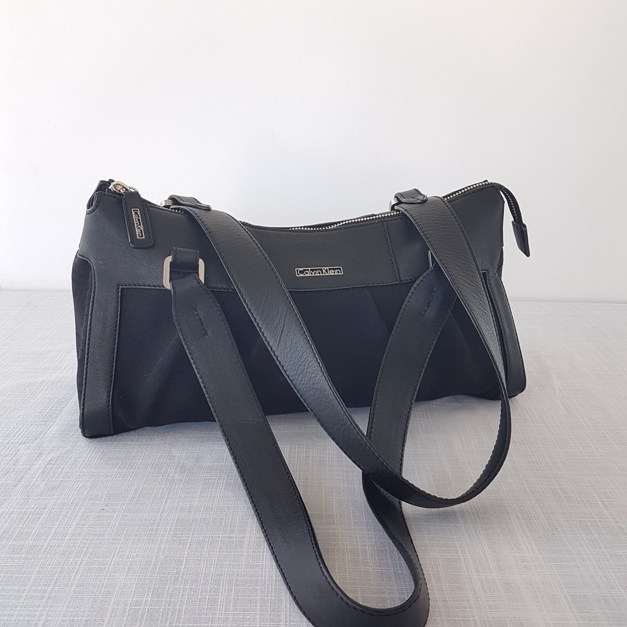 Vintage Calvin Klein Black Baguette Bag, Calvin Klein Logo Pattern on Black  Canvas, Faux Leather Trim, Zipper Closure
