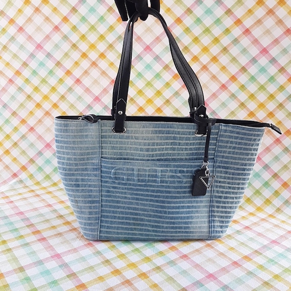 Vintage GUESS Y2K Denim Tote Bag Blue Shoulder 90s Designer Purse
