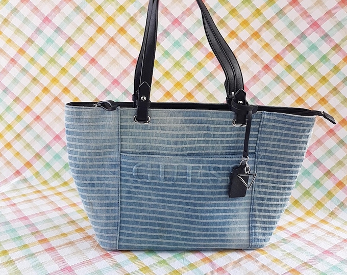 Vintage GUESS Y2K Denim Tote Bag Blue Shoulder 90s Designer Purse