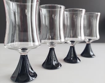 Vintage 1970s Ravenhead Arabesque Black Stemware Liqueur Glasses 6oz Set Mid Century Modern Barware