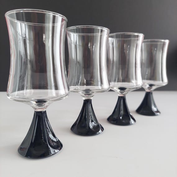 Vintage 1970s Ravenhead Arabesque Black Stemware Liqueur Glasses 6oz Set Mid Century Modern Barware