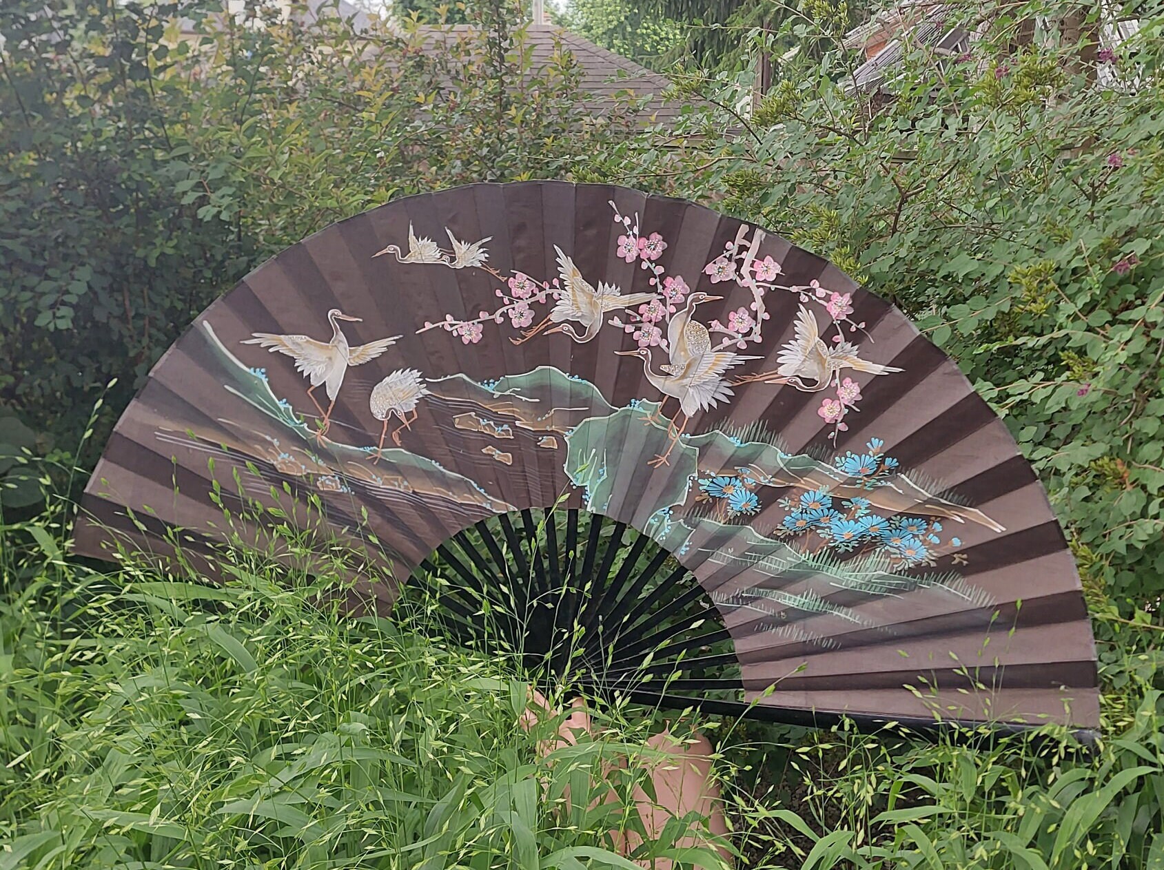 Vintage Large Japanese Decorative Wall Fan, Hand Painted Cranes and