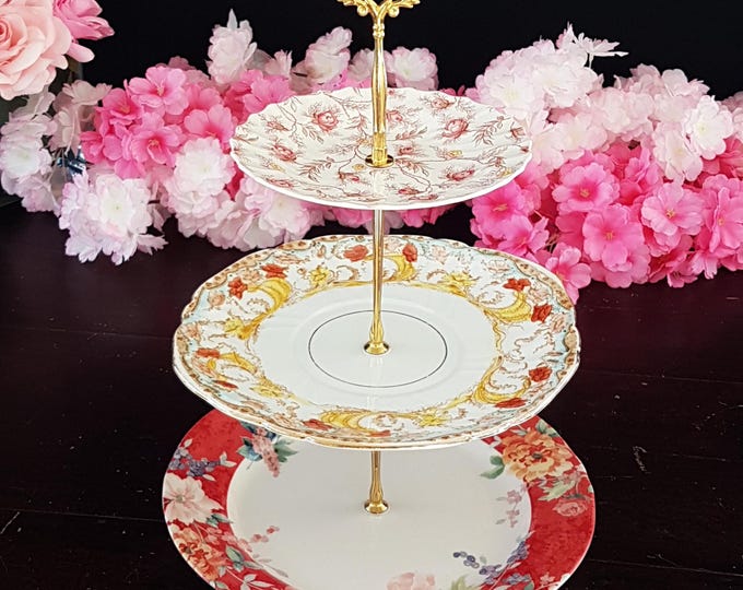 Handmade 3-Tier Cake Stand Mixed Floral Wedding Tea Party Dessert Serving Tray
