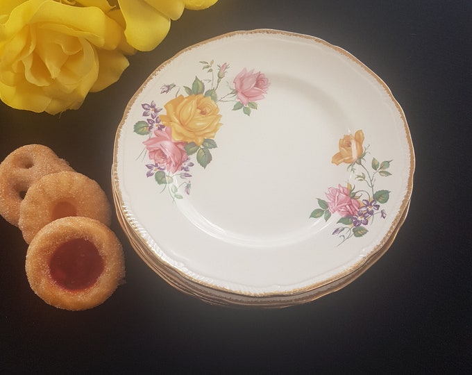 Ridgway CHATEAU ROSE Dessert Side Plates, 7 inch, Pink Yellow Roses, Made in England, 1950s