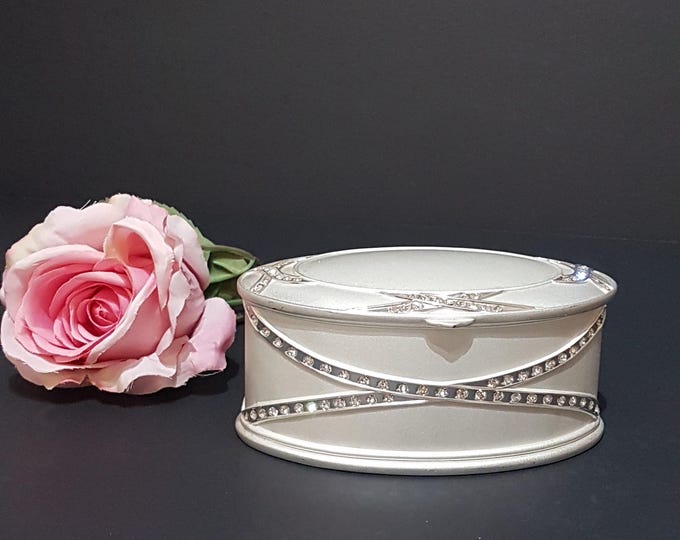 Elegant Oval Rhinestone Trinket Box by Godinger Silver Art - Jewelry Storage with Hinged Lid