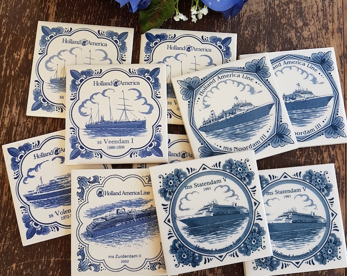 Vintage Holland America, Delft Blue Tile Coasters, Ceramic Tile, Cork Back, Cruise Memorabilia, Backsplash Tiles