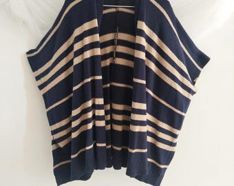Gap Wool Camel Hair Striped Poncho Sweater Navy Tan 27" Open Front Cardigan Wrap