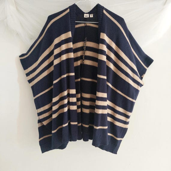 Gap Wool Camel Hair Striped Poncho Sweater Navy Tan 27" Open Front Cardigan Wrap