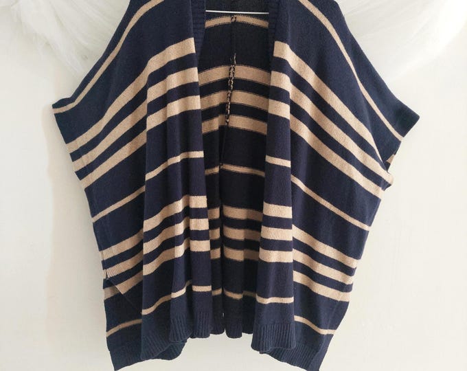 Gap Wool Camel Hair Striped Poncho Sweater Navy Tan 27" Open Front Cardigan Wrap