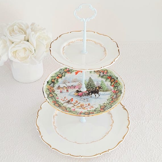 Christmas 3 Tier Cake Stand, Winter Sleigh Scene Serving Tray, Vintage English Bone China