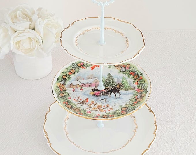 Christmas 3 Tier Cake Stand, Winter Sleigh Scene Serving Tray, Vintage English Bone China