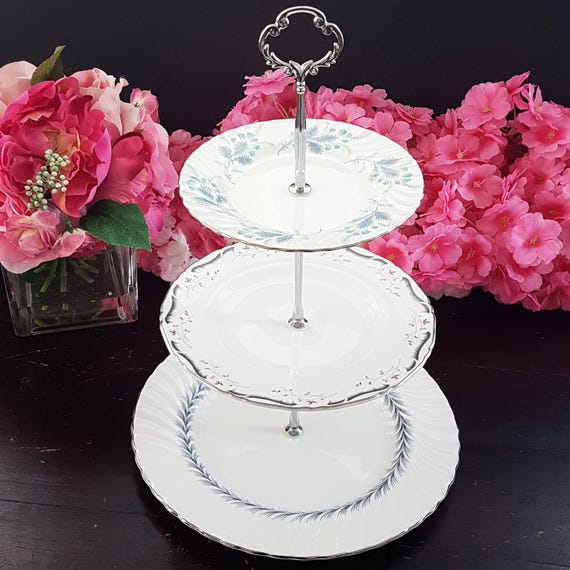 Elegant 3-Tier Cake Stand: Blue & White Handcrafted Serving Tray for Weddings, High Tea Parties