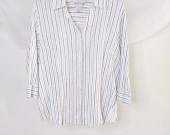 Northern Reflections Striped Button Up Shirt Vintage 90s Cotton Blouse Pastel Blue White Size XL