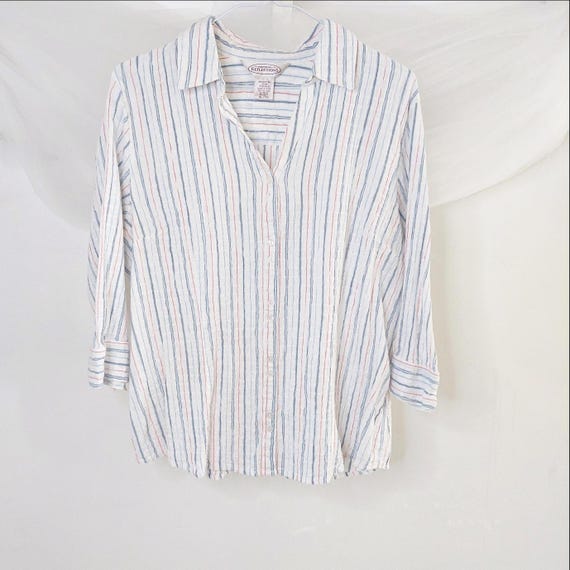 Northern Reflections Striped Cotton Button Up Shirt (XL) – Pastel Blue White 90s Blouse