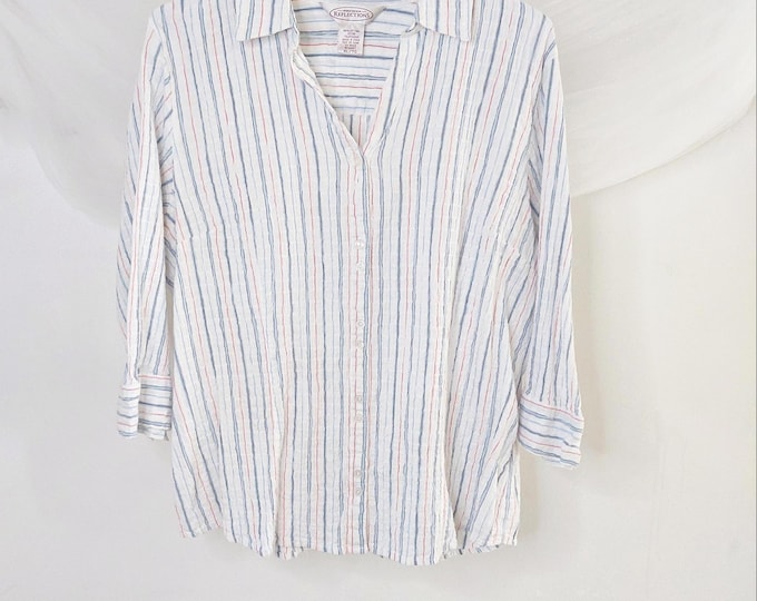 Northern Reflections Striped Cotton Button Up Shirt (XL) – Pastel Blue White 90s Blouse