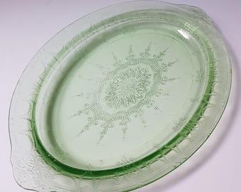 Vintage Anchor Hocking Cameo Green Vaseline Glass Oval Tray