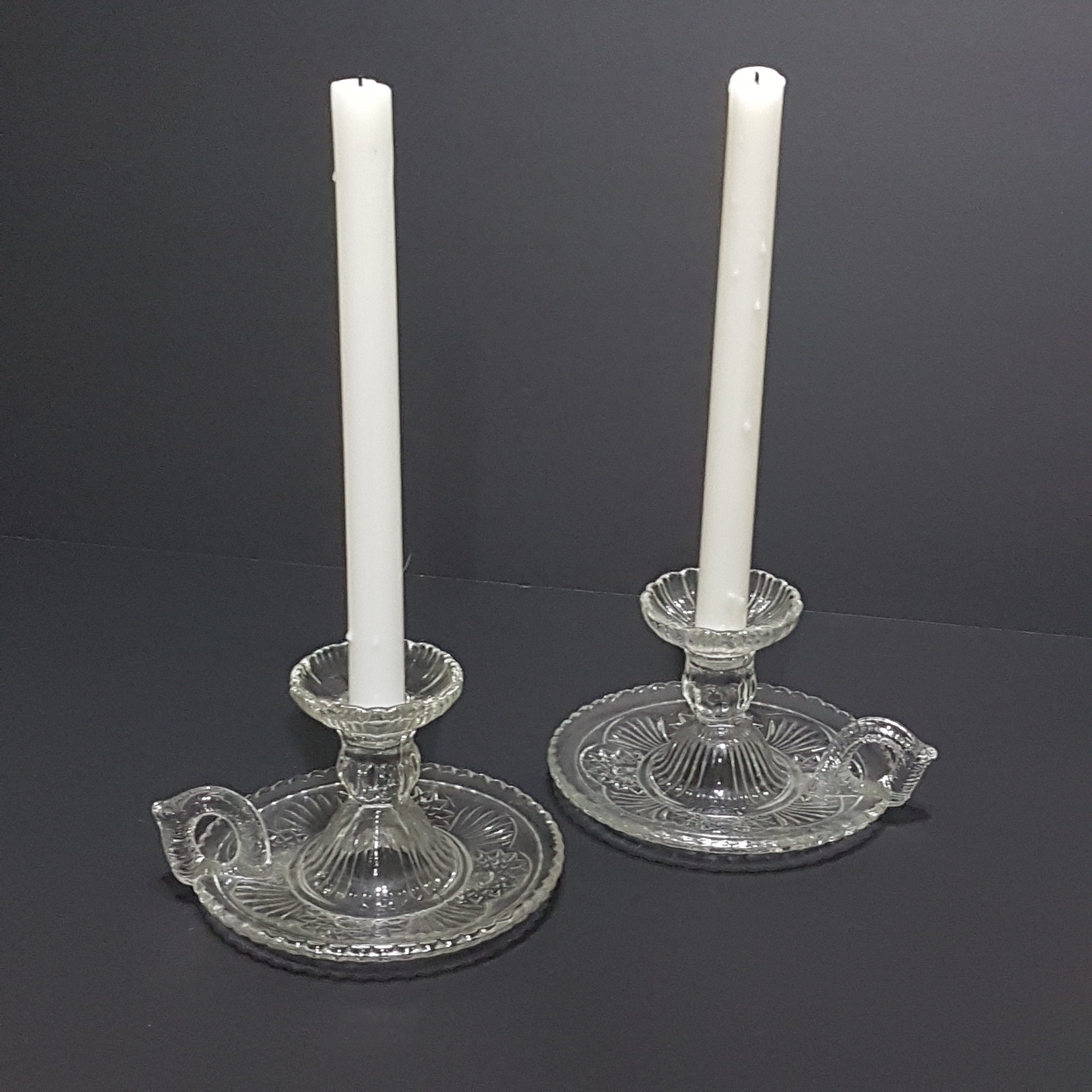 Pair of Vintage Clear Glass Taper Candle Chamberstick Holders with