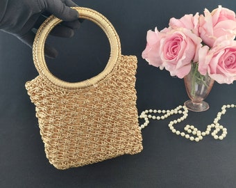 Vintage Gold Thread Evening Bag Top Handle 1950s Made in Japan Mid Century