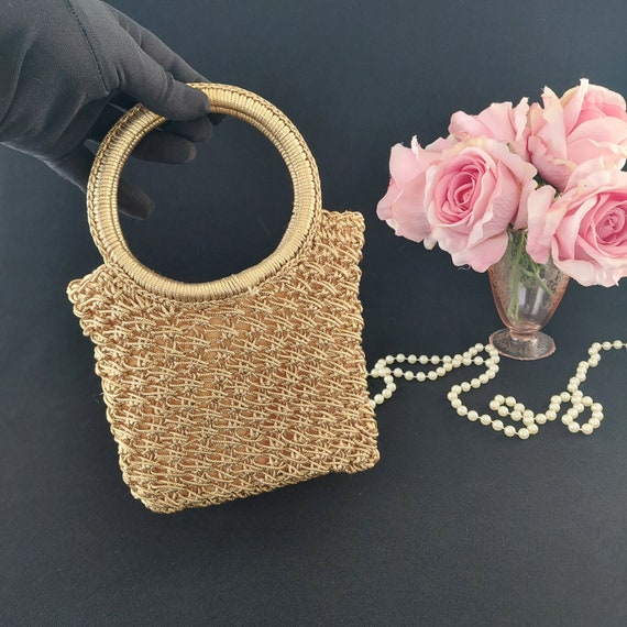 Vintage Gold Thread Evening Bag Top Handle 1950s Made in Japan Mid Century