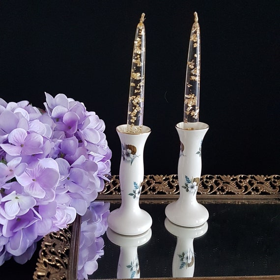 Vintage Lord Nelson Pottery Candle Holders: Floral Bud Vases, England, 1950s (Set of 2)