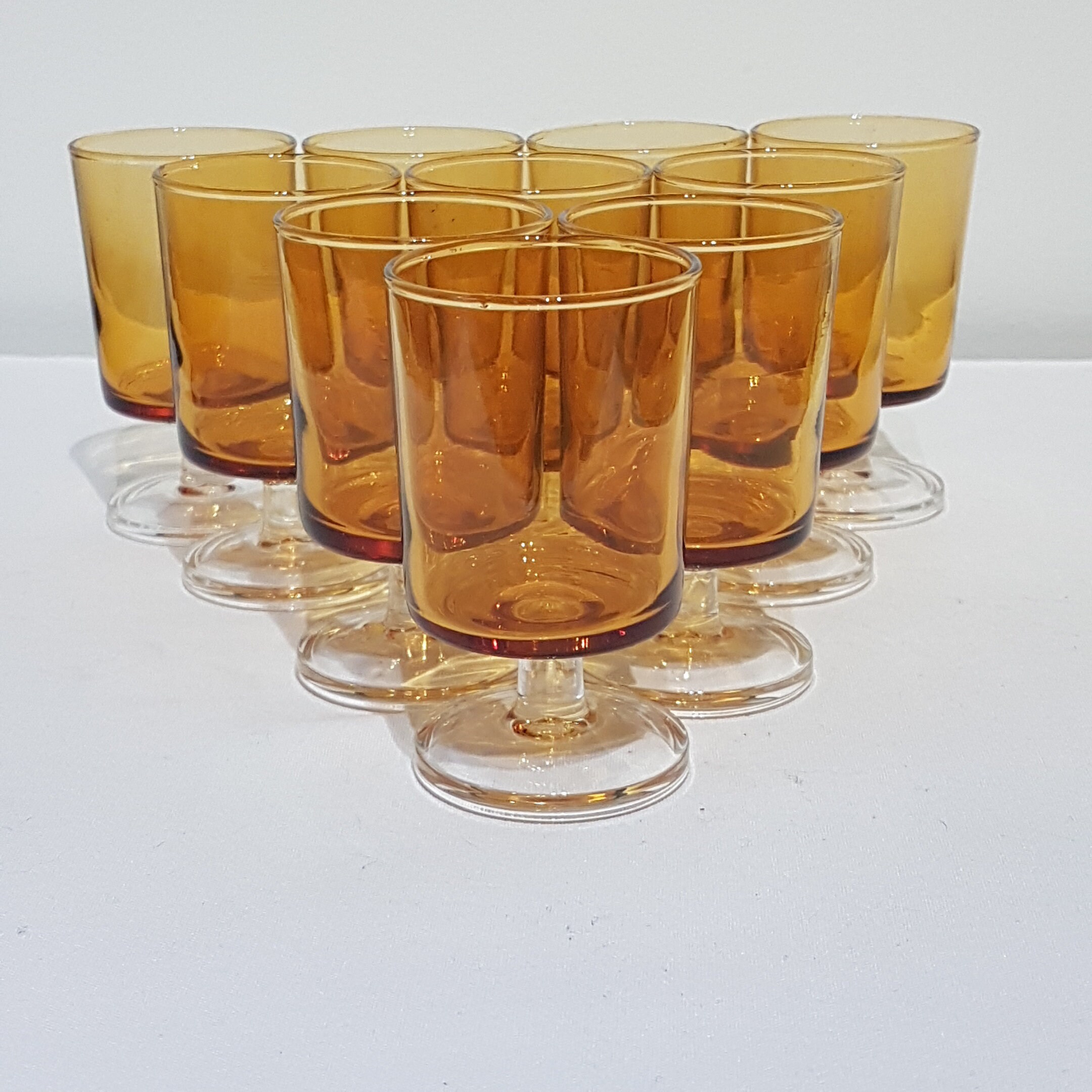 10 Vintage Amber Luminarc, French Stemware, Retro Bar Glasses, Retro