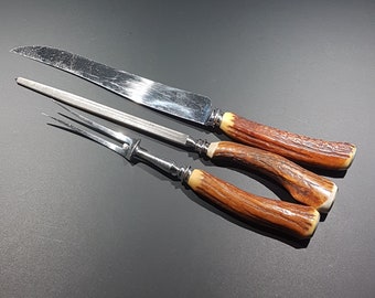 Vintage Genuine Staghorn/Deer Antler Meat Carving Set, 3 pc, BEE HIVE Gregory Bros Cutlers, Sheffield England, MCM Gift for Dad