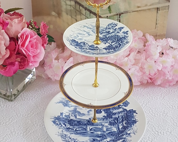 Blue & White 3-Tier Cake Stand: Handmade Serving Tray for Weddings, Tea Parties and Desserts