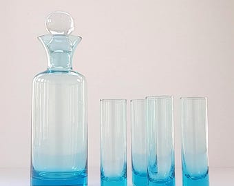 Vintage Turquoise Glass Decanter Set with Stopper & Shot Glasses – Mid Century Modern Blue Barware
