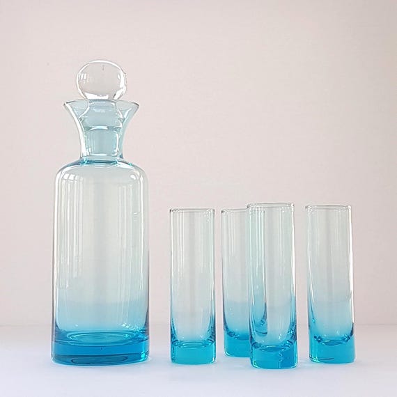 Vintage Turquoise Glass Decanter Set with Stopper & Shot Glasses – Mid Century Modern Blue Barware