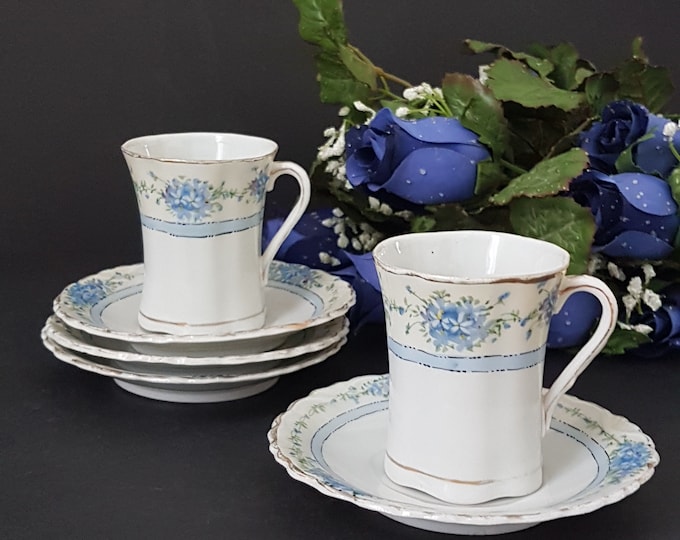 Pair of Little Blue Antique Tea Cups and Saucers, Hand Painted Nippon, Tea For Two