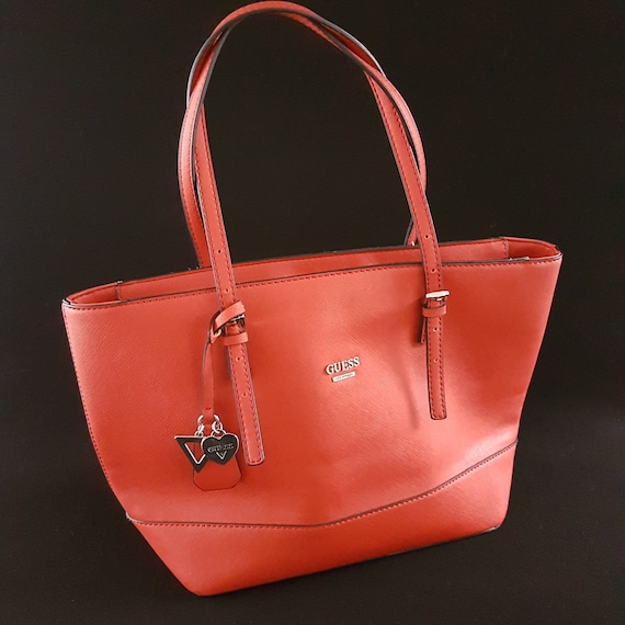 Vintage GUESS Tote Bag Burnt Orange Y2K Shoulder Bag with Heart Charm