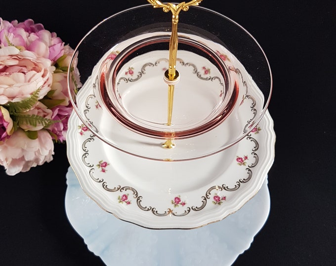 3 Tier Cake Stand, Mismatched Pink White Depression Glass and Bone China with Pink Roses, Tea Party Serving Tray