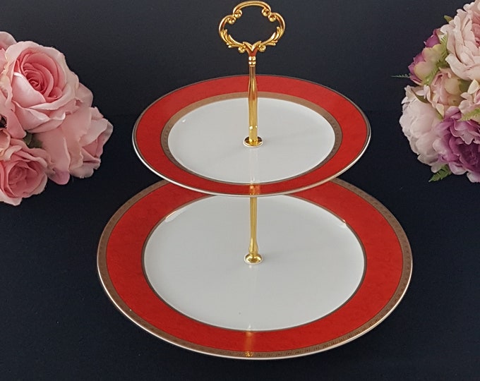 2Tier Cake Stand, Royal Heritage Fine Porcelain, Vintage Plates, Powder Red Rim, Gold Band, Afternoon Tea Party, Dessert Cupcake Stand