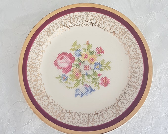 4pc Homer Laughlin CROSS STITCH FLORAL Side Plates with Maroon Red Band