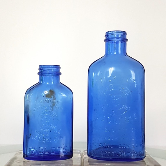 Vintage Cobalt Blue Phillips Milk of Magnesia Bottles 1930s Antique Medicine Glass Collectible