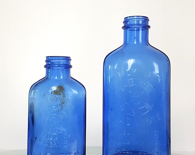 Vintage Cobalt Blue Phillips Milk of Magnesia Bottles 1930s Antique Medicine Glass Collectible