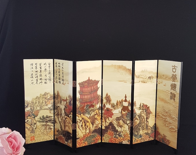 Vintage Chinese Table Screen, Yellow Crane Tower, Lacquer Double Sided Folding Screen, Asian Decor, Table Top Screen