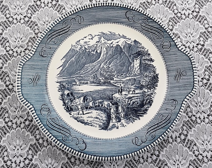 Blue and White Currier & Ives Blue Scenes by Royal China USA Rocky Mountains Round Serving Platter or Cake Plate
