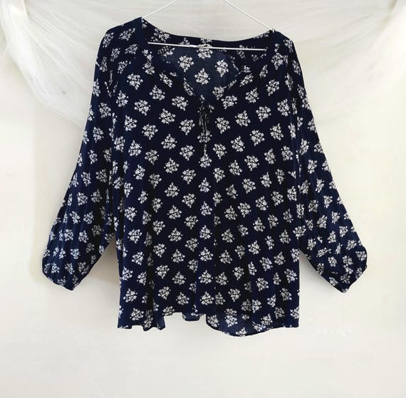 Vintage 90s Navy Floral Pullover Blouse Size 2X | Boho Long Sleeve
