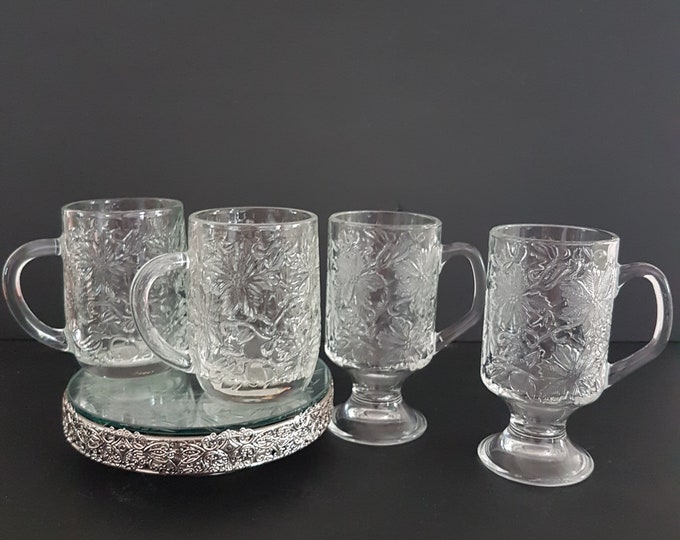 Pair of Princess House FANTASIA Mugs or Irish Coffee Cups, Pressed Glass Floral Design, Retro Glass Dinnerware, 1960s